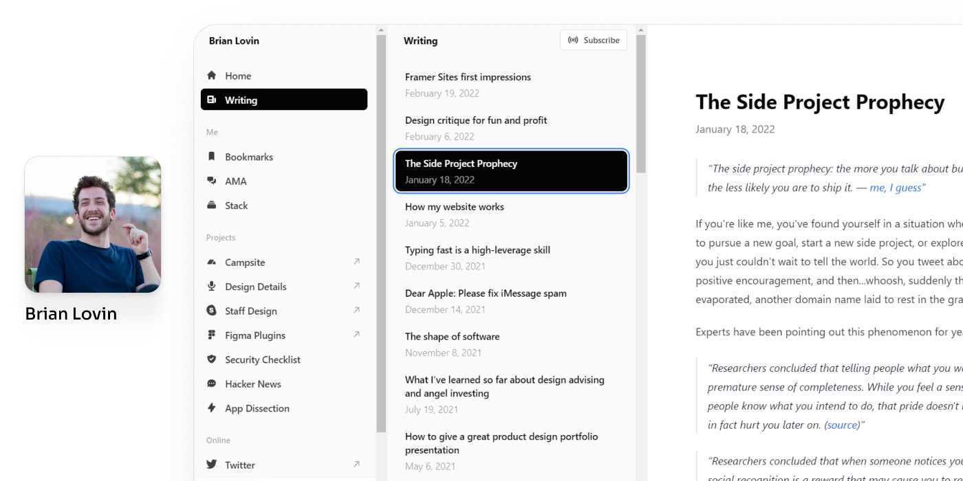Brian lovin's profile picture and a screenshot of his portfolio