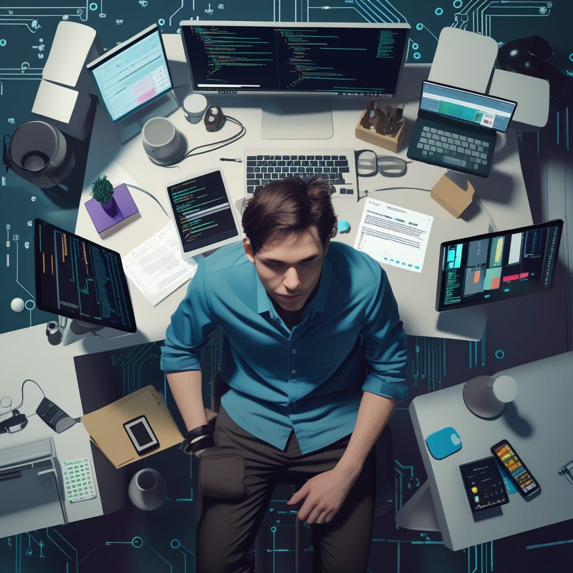 A modern developer's workspace from above, showing multiple screens and devices displaying different coding interfaces, minimalist tech aesthetic, clean desk setup with laptop, tablet, and smartphone showing various no-code and AI coding tools, subtle circuit board patterns in the background A modern developer's workspace from above, showing multiple screens and devices displaying different coding interfaces, minimalist tech aesthetic, clean desk setup with laptop, tablet, and smartphone showing various no-code and AI coding tools, subtle circuit board patterns in the background