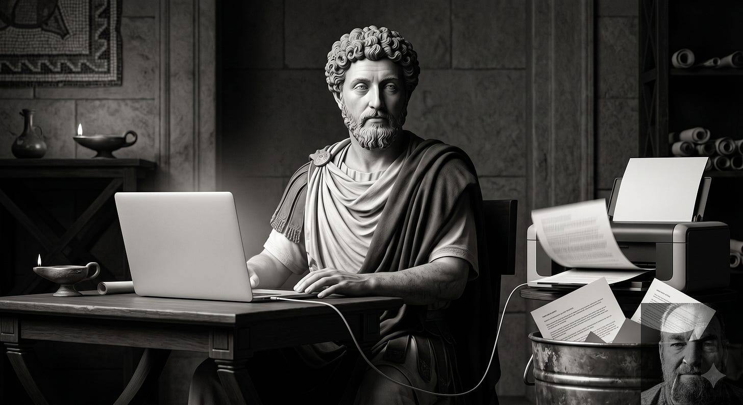 AI generated image of Marcus Aurelius sorting through useless information on a laptop