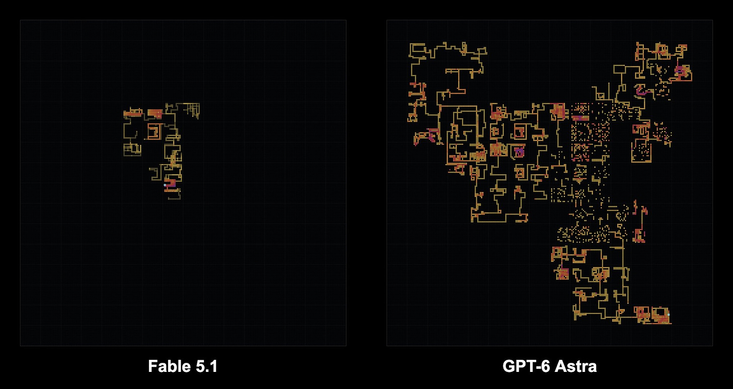 Side-by-side MazeBench maps: Fable 5.1 explores a small cluster of rooms; GPT-6 Astra explores a much larger area. These are snapshots from runs with different conditions. Side-by-side MazeBench maps: Fable 5.1 explores a small cluster of rooms; GPT-6 Astra explores a much larger area. These are snapshots from runs with different conditions.