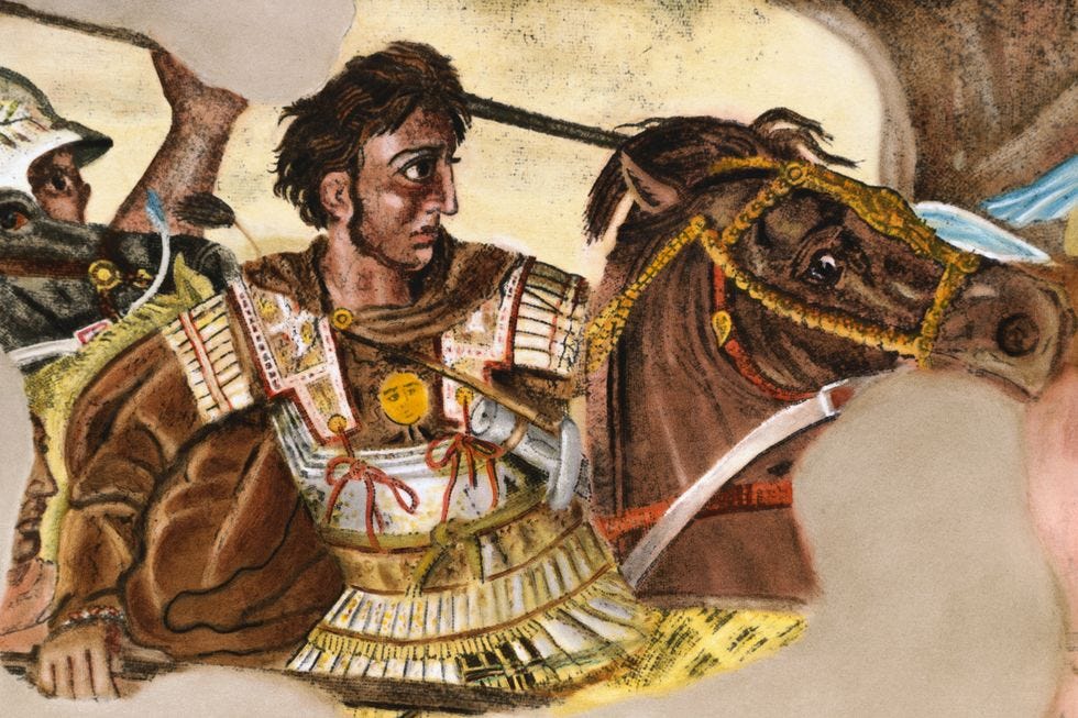color painting of a man in protective uniform riding a horse and looking to the right