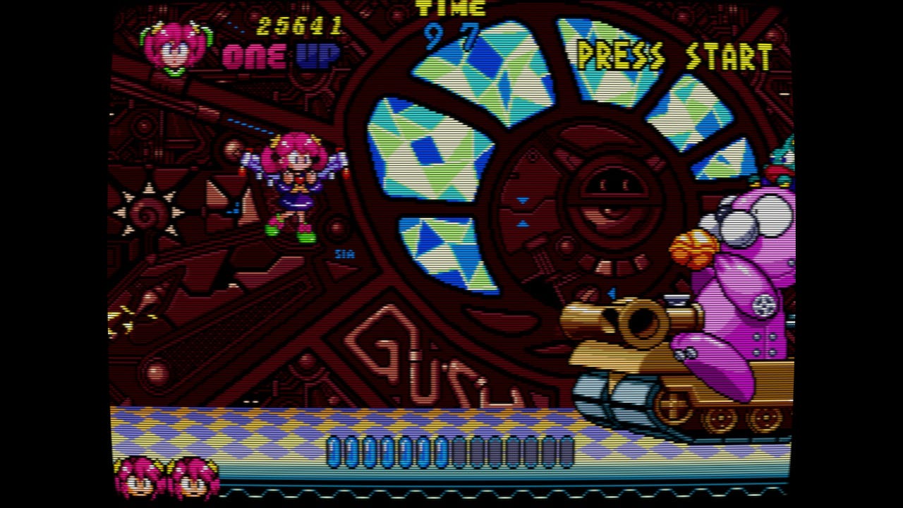 One of three playable characters, Elle Moon, resuming play after dying by floating down on a jetpack.