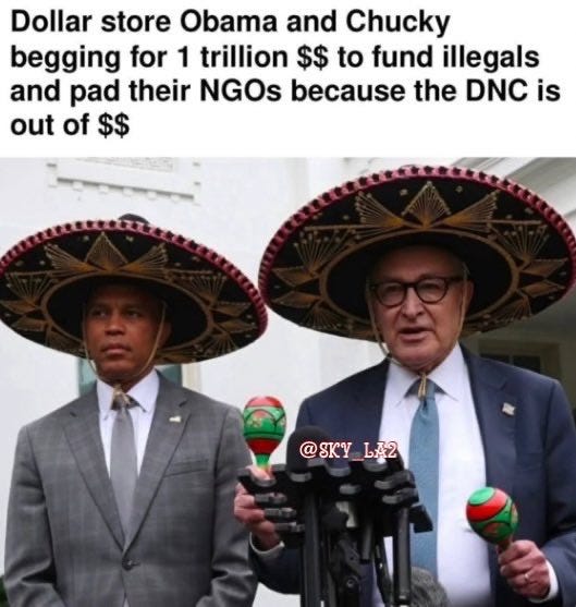 Barack Obama and Chuck Schumer wearing large sombreros, holding maracas, and standing in front of microphones. Both are dressed in suits and ties.