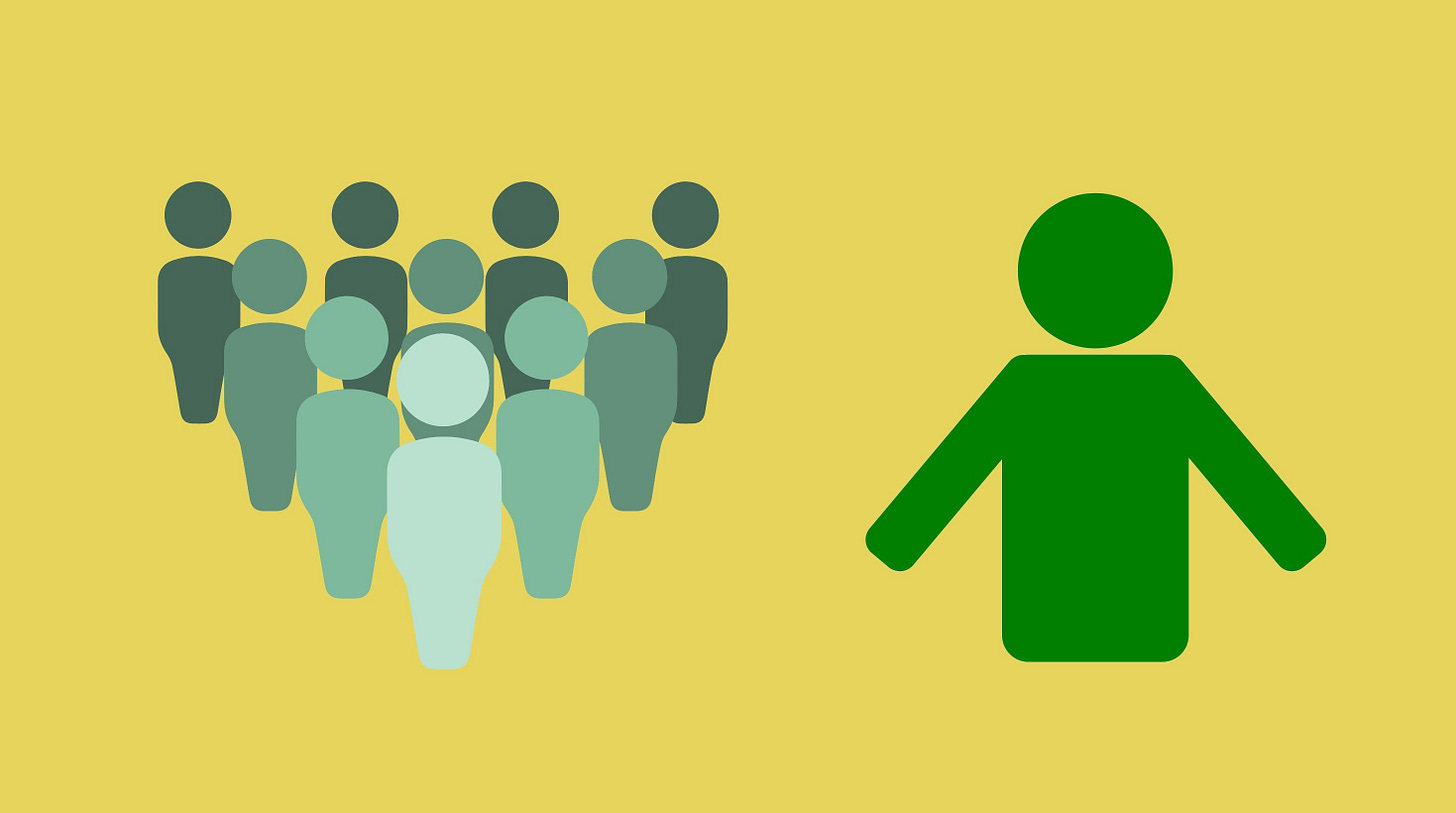 A graphic on the left of a group of people and a graphic on the right of a single person.