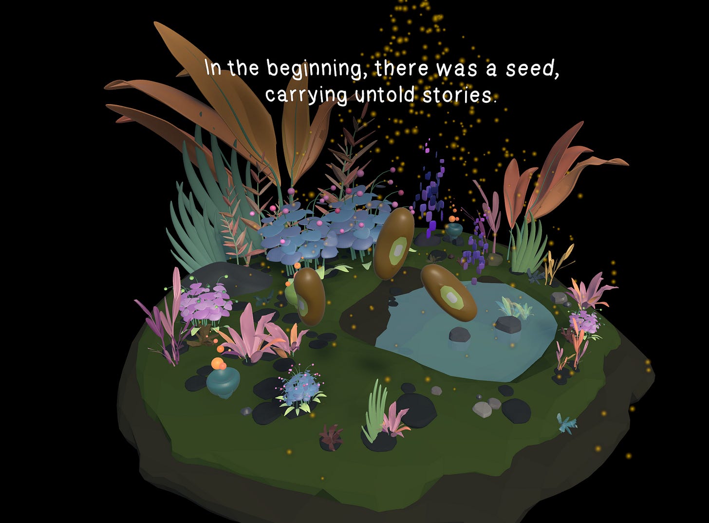 Opening scene from Insight Realm, an XR experience by Binna Lee. A stylized virtual garden on a rounded green terrain against a black background, with tall coral and teal leaves, blue and purple flowers, floating oval fruits with green centers, a small pond with stones, and glowing yellow particles rising like fireflies. Overlaid narrative text reads, "In the beginning, there was a seed, carrying untold stories.