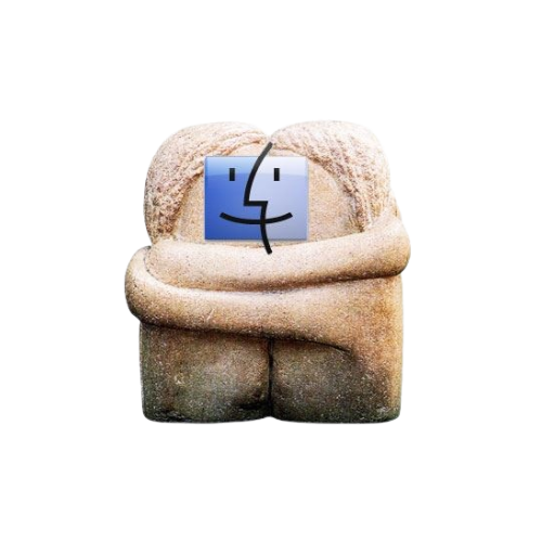 Stone sculpture of Constantin Brancusi (1867-1956) “ De kus. “ with blue Mac OS finder icon as a face.