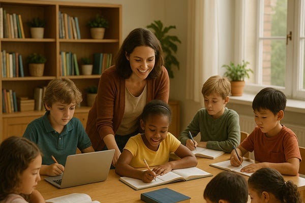A smiling women helping schoolchildren in a home setting