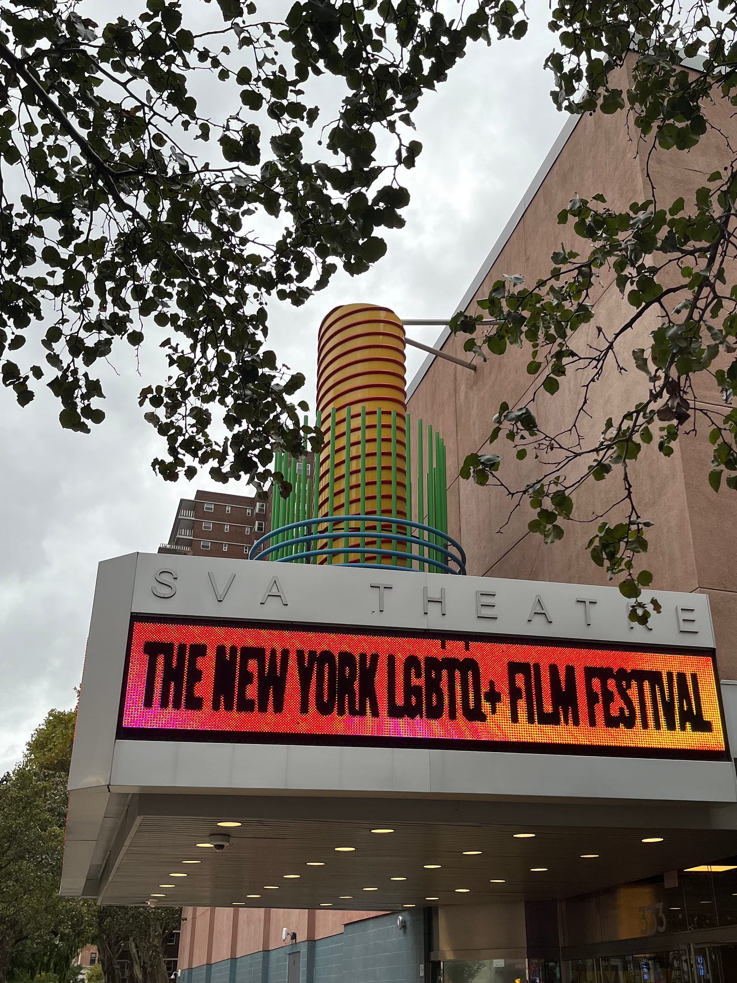 The marquee of the SVA Theater says “The New York LGBTQ+ Film Festival.”