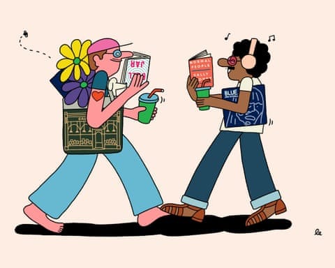 Illustration of a white man in baseball cap and a black man in headphones walking towards each other, both carrying tote bags, books and coffee cups Illustration of a white man in baseball cap and a black man in headphones walking towards each other, both carrying tote bags, books and coffee cups