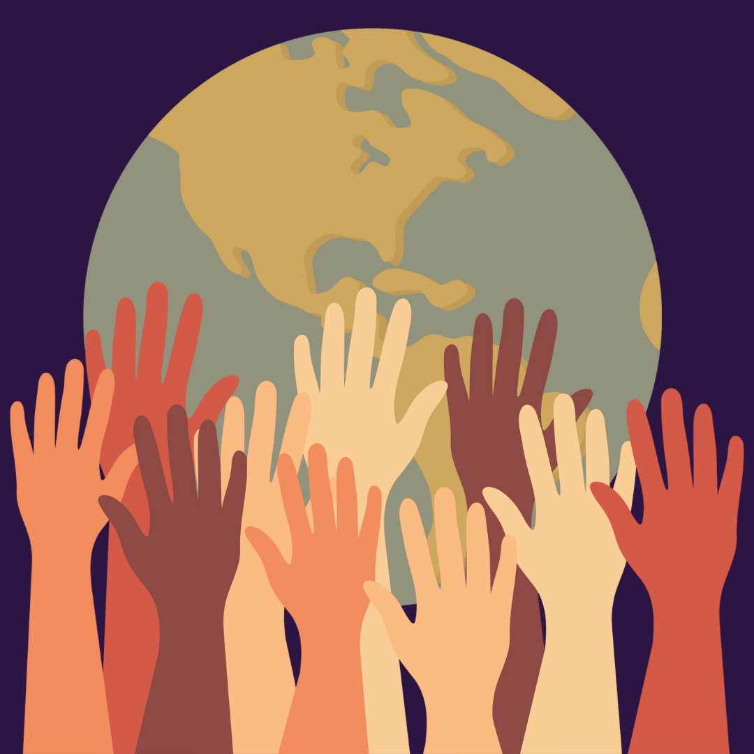 Graphic image of the globe on a dark background, with hands of many colours reaching up in the foreground.