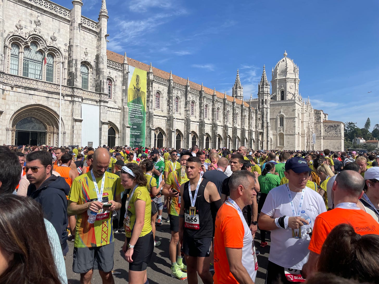Finish line festivities in front of the Jerónimos Monastery after the EDP Lisbon Half Marathon 