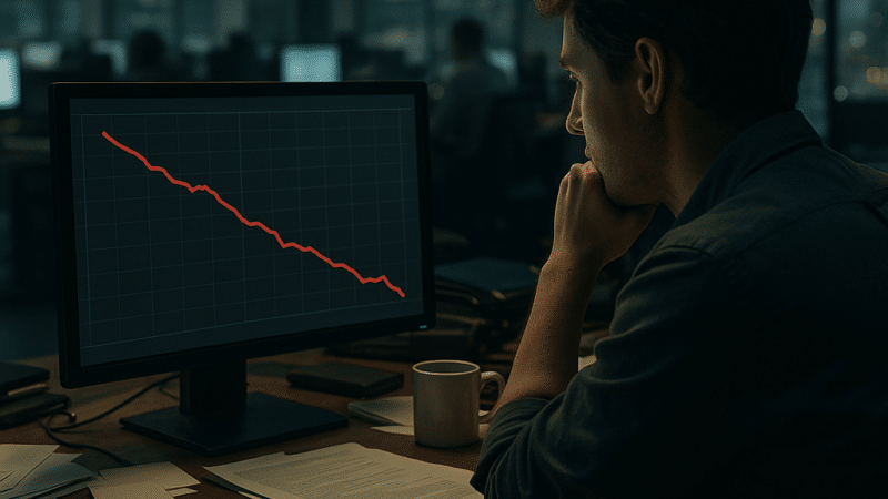 A journalist sits at a cluttered London newsroom desk staring at a monitor displaying a sharply declining analytics traffic graph under fluorescent office lighting A journalist sits at a cluttered London newsroom desk staring at a monitor displaying a sharply declining analytics traffic graph under fluorescent office lighting