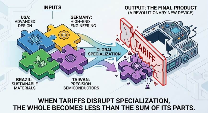 Illustration highlighting the impact of tariffs on global specialization, suggesting that when tariffs disrupt specialization, the whole product becomes less valuable than its individual parts.