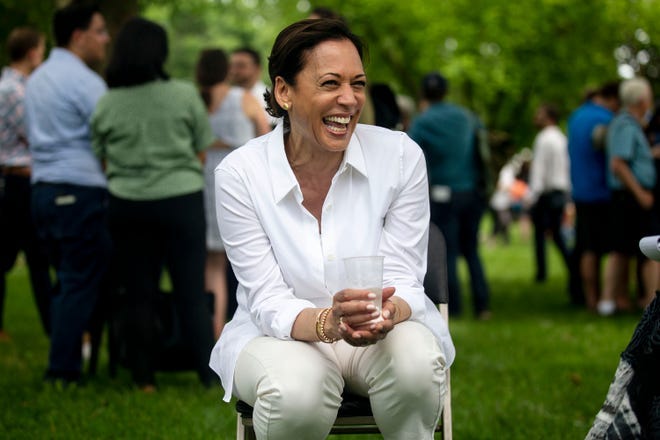 U.S. Sen. Kamala Harris, D-Calif., gives an interview to the Des Moines Register's Rekha Basu after the West Des Moines Democrats summer picnic on Wednesday, July 3, 2019, at Legion Park in West Des Moines. U.S. Sen. Kamala Harris, D-Calif., gives an interview to the Des Moines Register's Rekha Basu after the West Des Moines Democrats summer picnic on Wednesday, July 3, 2019, at Legion Park in West Des Moines.