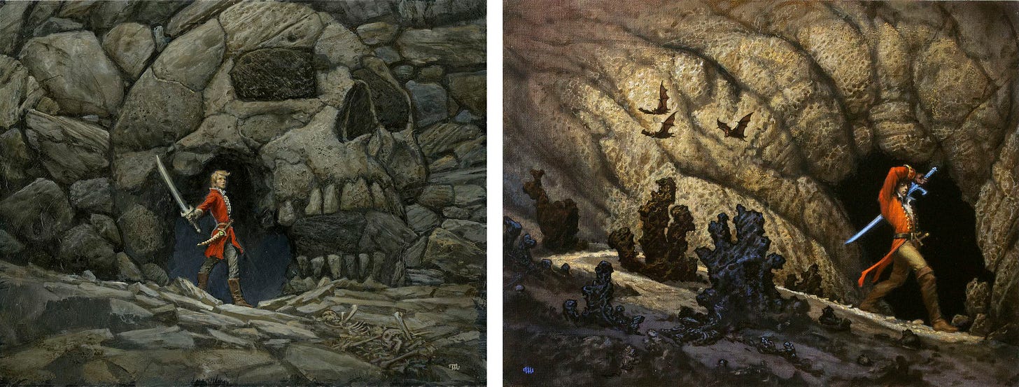 Two finished color studies of Rand posed at the bore of Shayol Ghul. In the panel left, Rand turns back toward the audience with sword in hand. His red jacket and fiery hair stand out against black shadow. In the face of the rock around the cave opening, the huge outline of a human skull is clearly visible. In the panel left, the ground angles down into the bore where Rand turns back to the audience, drawing his sword over his shoulder. A trio of bats fly past. The rocks in the foreground look like blackened coral.