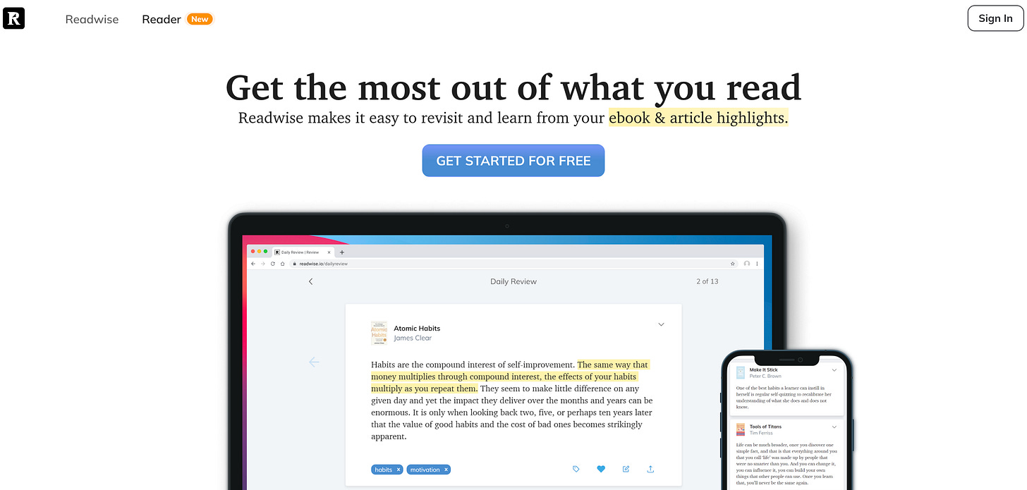 Screenshot of the Readwise website homepage. The page headline reads “Get the most out of what you read,” followed by a subheading: “Readwise makes it easy to revisit and learn from your ebook & article highlights.” Below the text is a blue button labeled “Get started for free.” The image beneath shows a laptop and a smartphone displaying Readwise’s interface—highlighted text from the book Atomic Habits appears on both screens.