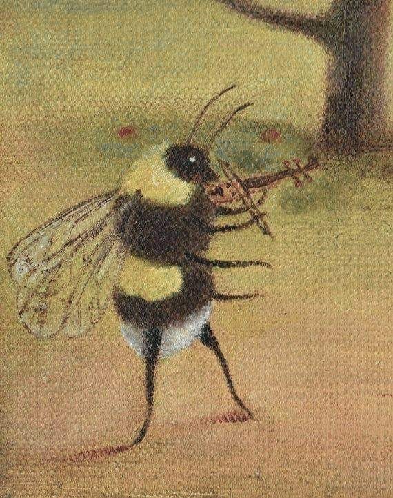 This may contain: a painting of a bee holding a branch in its mouth and walking away from the camera