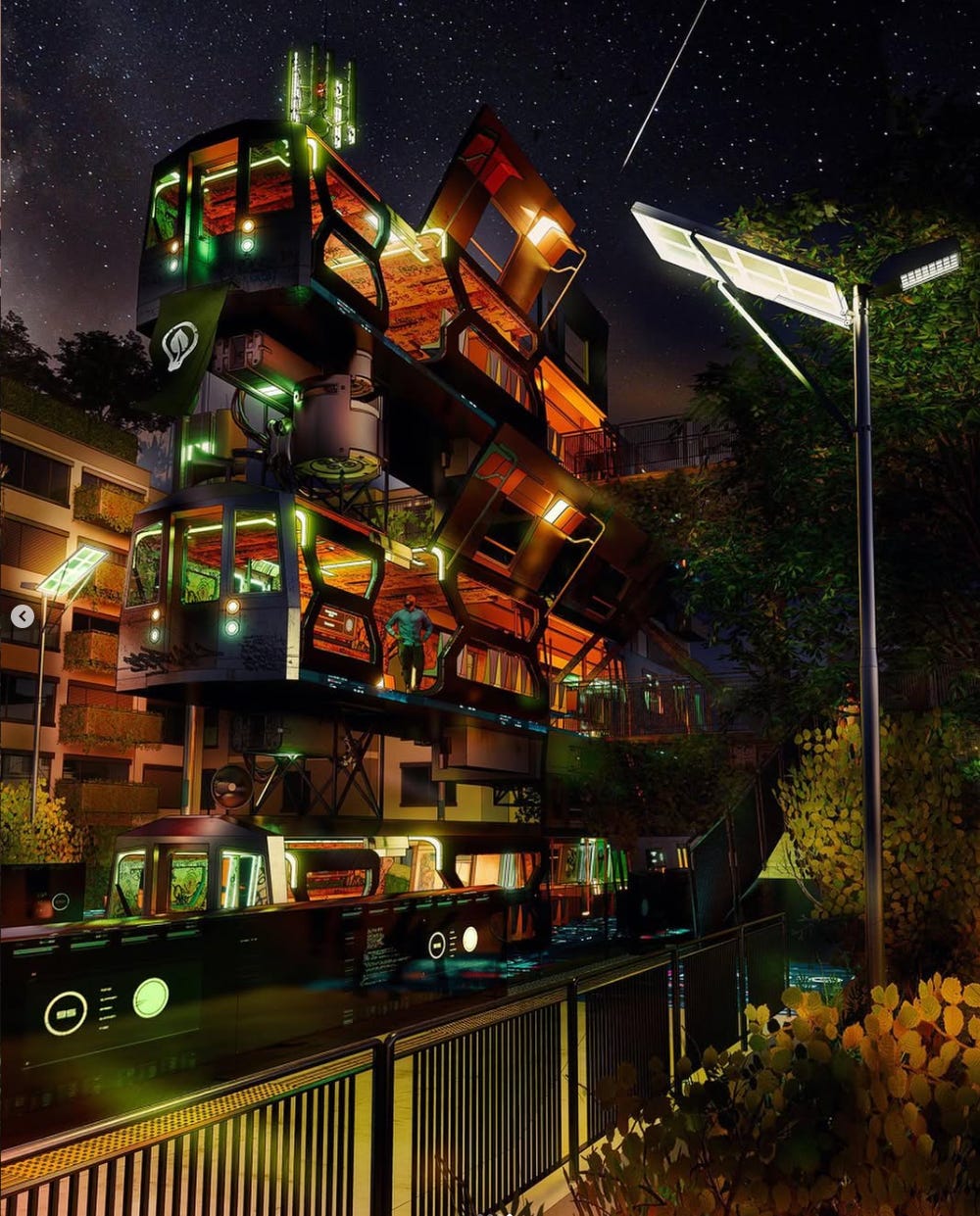 A vertically stacked train station with three train cars stacked atop each other in a vaguely futuristic, neon lights at night look