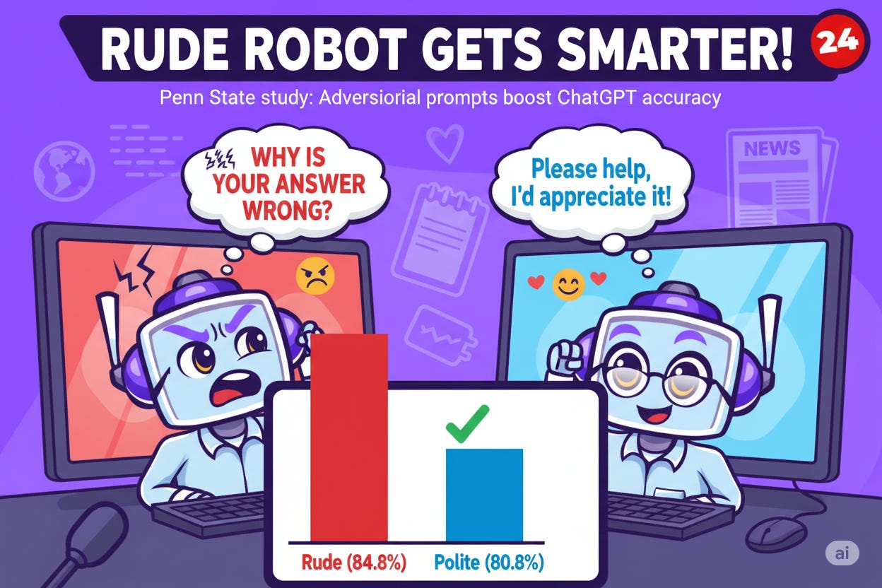A NeuralBuddy robot angrily types a "rude" prompt, resulting in a taller bar (84.8% accuracy), while a polite NeuralBuddy gets a shorter bar (80.8%). The image suggests rude prompts get smarter AI answers.