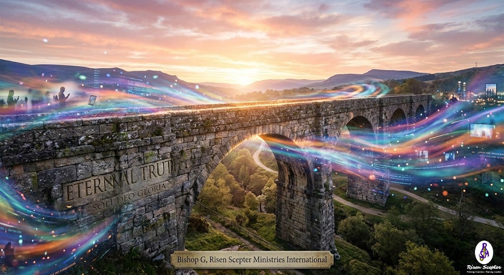 Eternal truth shown as an ancient stone bridge with wisps of wind and color representing culture ever changing. Eternal truth shown as an ancient stone bridge with wisps of wind and color representing culture ever changing.