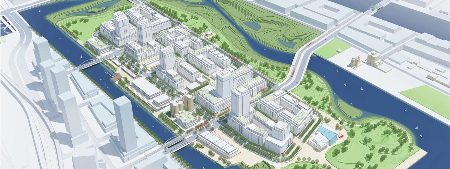 Bird's-eye view of the proposed Villiers Island neighborhood development, featuring green spaces, pedestrian pathways, and waterfront views.