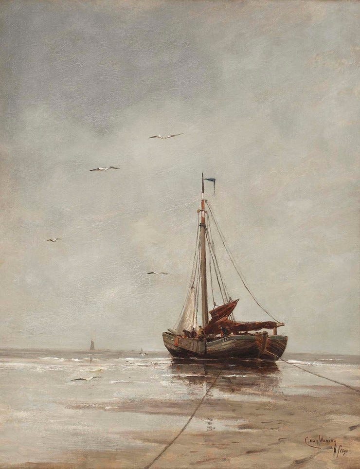 'Bomschuit on the beach' 1890 - olieverf op doek: Kees van Waning (herkomst: voorm. Christie's Amsterdam) 'Bomschuit on the beach' 1890 - olieverf op doek: Kees van Waning (herkomst: voorm. Christie's Amsterdam)