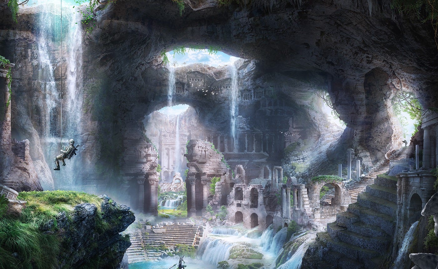 A man lowering himself by rope into a cavern containing an ancient, lost temple.