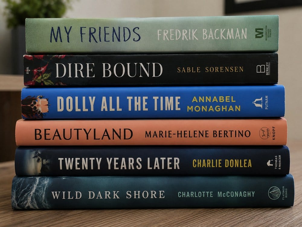 Illustrated stack of six book spines: My Friends, Dire Bound, Dolly All the Time, Beautyland, Twenty Years Later, Wild Dark Shore.