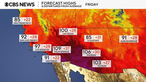 CBS News graphic of fierce city temperatures across the southwest.