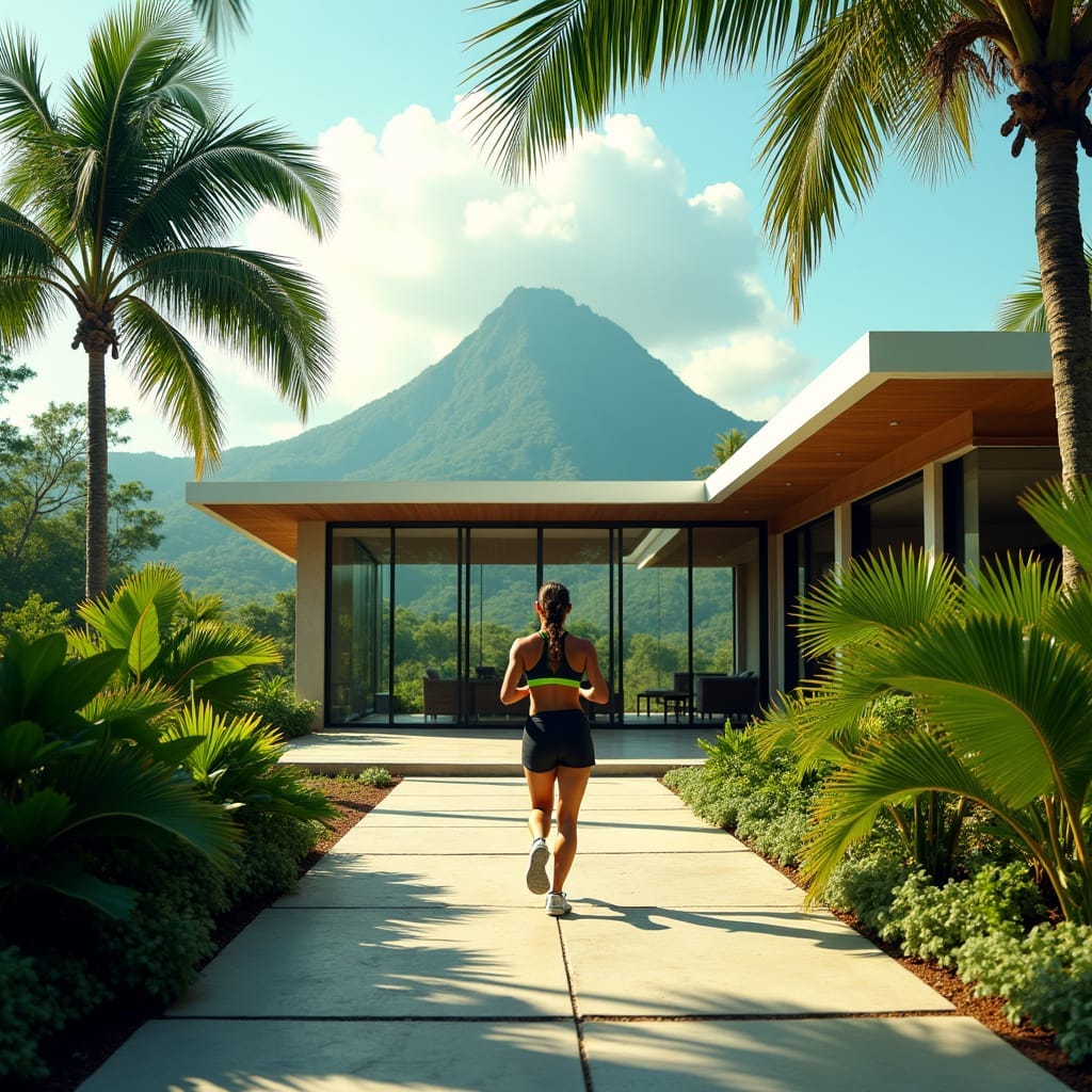 A jogger, clad in sleek athletic wear, runs towards a beautiful, modern, open-concept Jamaican property with a lush, tropical garden, its large glass doors and windows slightly ajar, as if someone had hastily departed, set amidst a vibrant Caribbean landscape with swaying palm trees and a majestic mountain range in the distance, cinematic warm light casting long dramatic shadows, contrasted with a sense of eerie abandonment, as if the property is being reclaimed by nature,