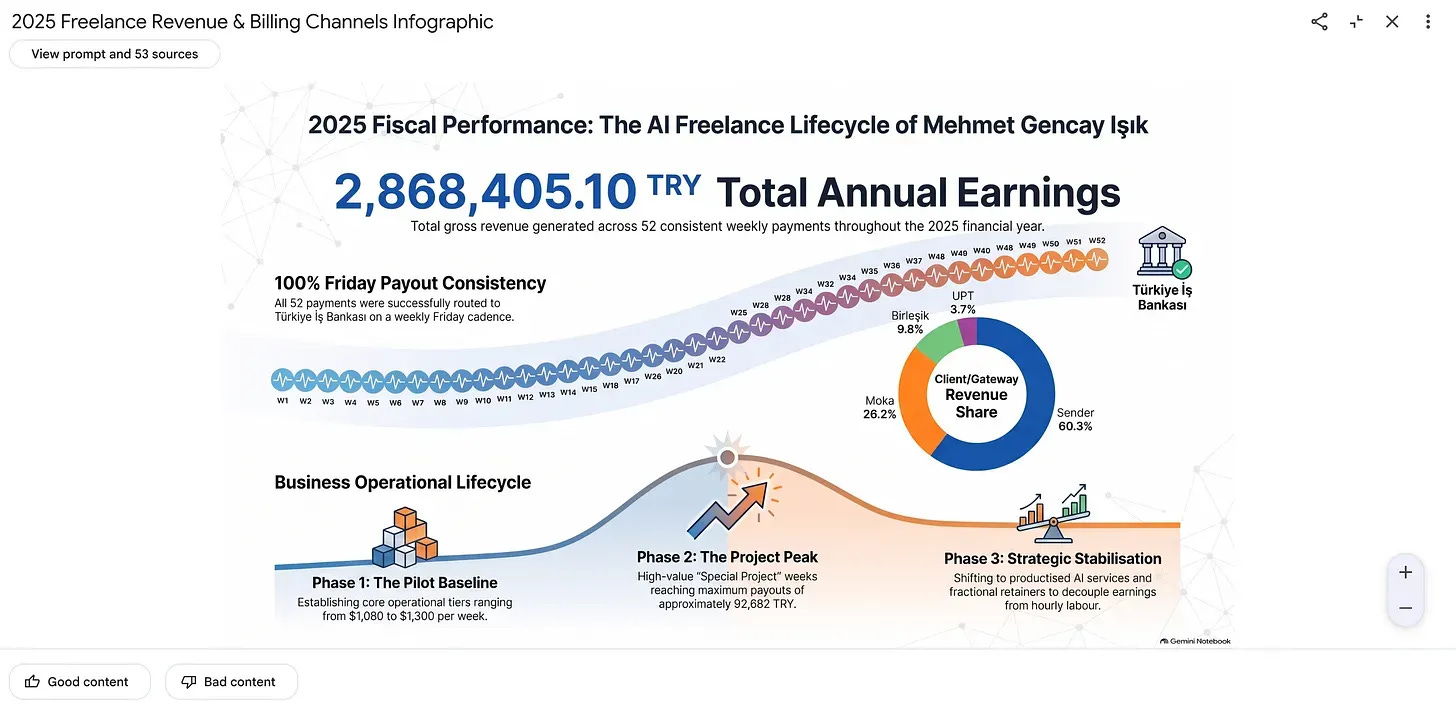 NotebookLM generated infographic summarizing 2025 freelance revenue, payment channels, and business phases NotebookLM generated infographic summarizing 2025 freelance revenue, payment channels, and business phases