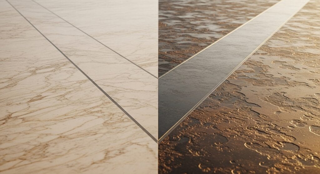 Abstract minimalist photograph showing two pathways diverging from a single point. The left path features smooth, polished marble in warm cream and champagne tones extending with geometric precision into soft focus. The right path begins identically but transitions into textured copper and bronze terrain with dimensional complexity, suggesting different navigation requirements. Warm morning light casts long subtle shadows across both surfaces. The image serves as a visual metaphor for the article's thesis: private equity's financial engineering approach works for some insurance segments while transformation-requiring markets like commercial auto demand fundamentally different approaches.