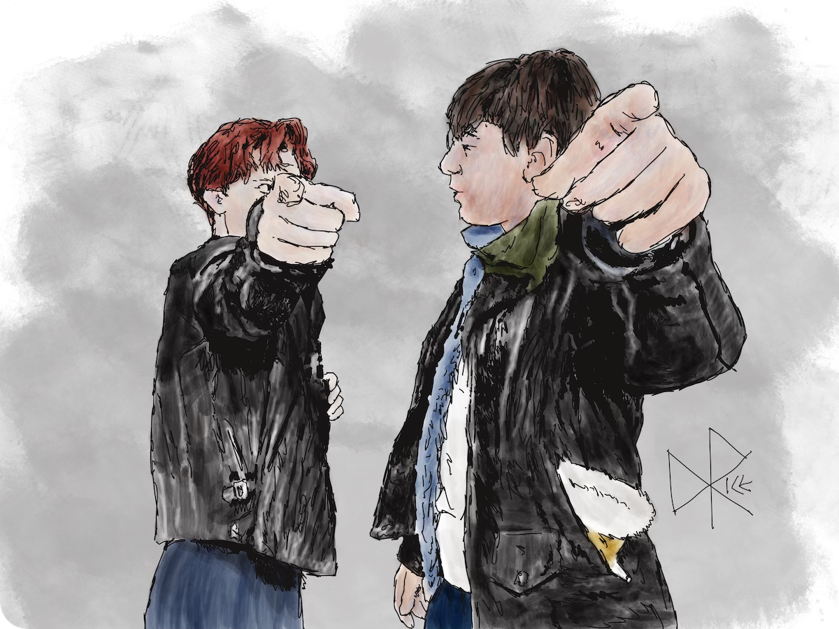 Two people in leather jackets looking at each other in conversation, both with outstretched arms and fingers pointed directly towards the viewer as they discuss directions. Sketch art by Don Rice.