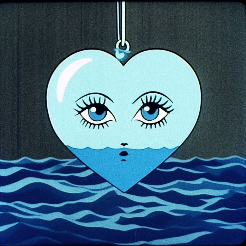 a still from a chic french-japanese cartoon from 1971 of an inverted upside-down neptune blue heart with a face and the saddest ocean blue eyes you've ever seen in a state of dissociated alienation in the style of the commes des garcons play logo 