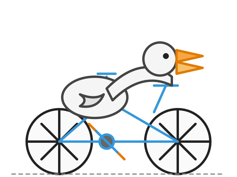 Described by o3: The illustration shows a playful, stylized bicycle whose frame is drawn to resemble a duck. • The duck’s rounded body forms the bicycle’s seat area, and a small wing is sketched on its side.  • Its long neck stretches forward to become the top tube, ending in a simple head with a black eye and an orange, open beak that points ahead like handlebars.  • Two large black‑outlined wheels with thin, evenly spaced spokes complete the bike, while thin blue lines depict the rest of the frame, pedals, and chain.  • A dashed grey ground line runs beneath the wheels, giving the impression the duck‑bike is rolling along.