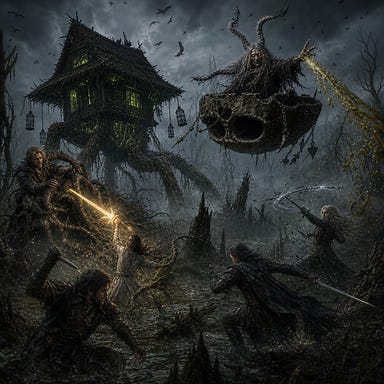 Battle with Baba Lysaga on a swamp hilltop, monstrous hut on spider-like roots, floating giant skull with witch casting spells, heroes struggling in mire, Sun Sword blazing, fog and ravens swirling