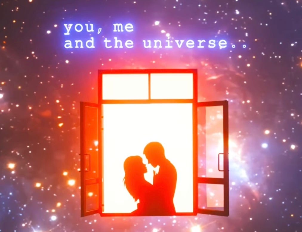 silhouette of a couple embracing with an open orange window against a backdrop of space. you, me and the universe is written in glowing blue letters above silhouette of a couple embracing with an open orange window against a backdrop of space. you, me and the universe is written in glowing blue letters above