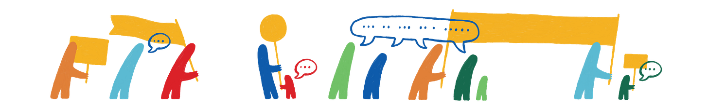 A colorful illustrated banner featuring simplified stick-figure people in orange, blue, red, green, and teal, carrying yellow signs and banners. Some figures have speech bubbles with ellipses. The scene evokes a community march or rally.
