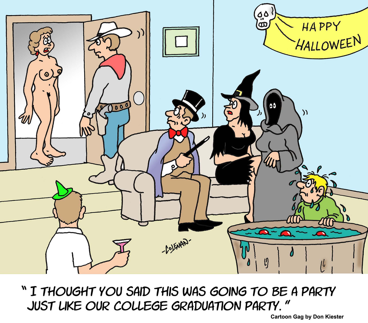 A woman shows up nude to a Halloween party, surprising the costumed guests. The caption reads: "I thought you said this was going to be a party just like our college graduation party."