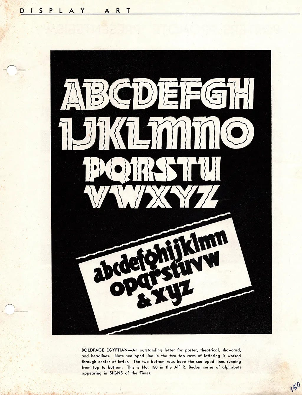 Alphabet No. 150 from Alf R. Becker's Signs of the Times series — Boldface Egyptian, a heavy display uppercase with distinctive scalloped lines running through the letterforms, shown with a contrasting bold italic lowercase.