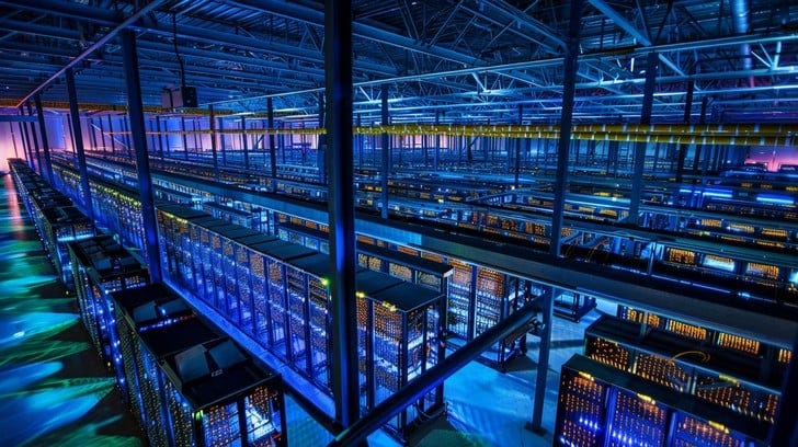This image presents an expansive high-tech data center, a hub of modern computing and data storage. Rows upon rows of servers are meticulously organized, bathed in neon lights that cast a futuristic glow. The facility's intricate design highlights the massive scale of infrastructure required to support the ever-growing demands of data processing, cloud computing, and internet services. The blend of technology and design echoes the digital era's reliance on robust, secure, and efficient data management systems.