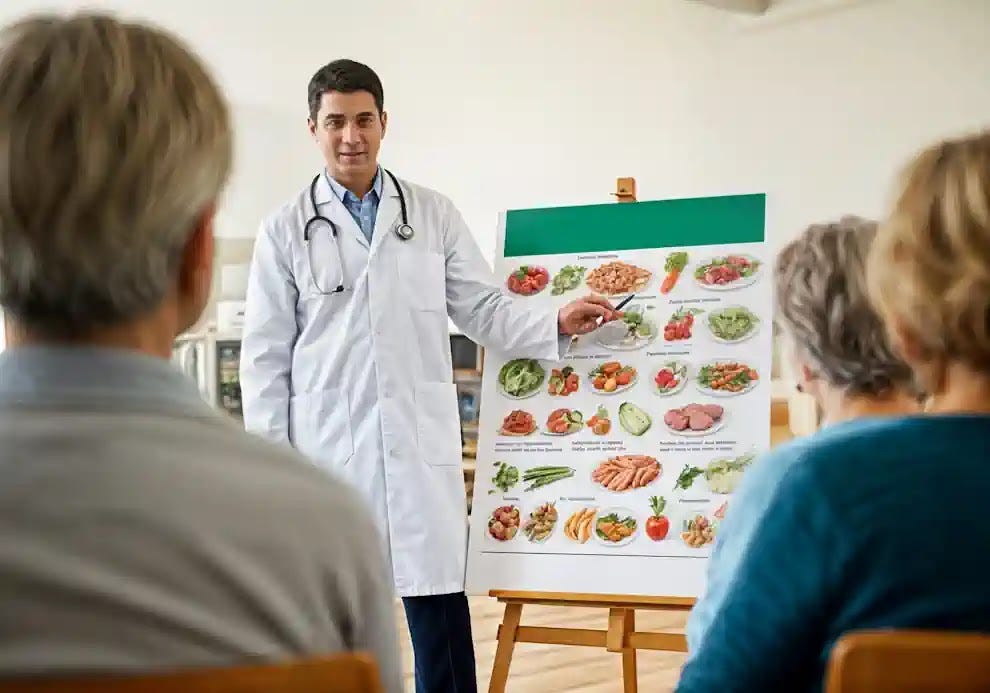 A doctor teaches seniors about nutrition using a chart healthy vegetables and proteins
