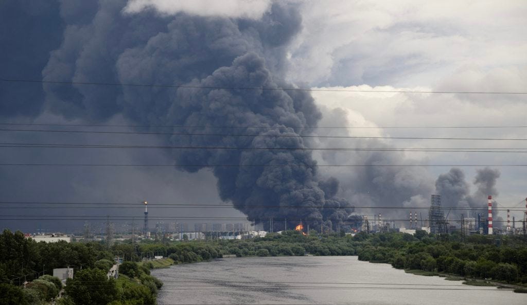 Smoke rising from a drone attack on a Russian oil refinery Smoke rising from a drone attack on a Russian oil refinery