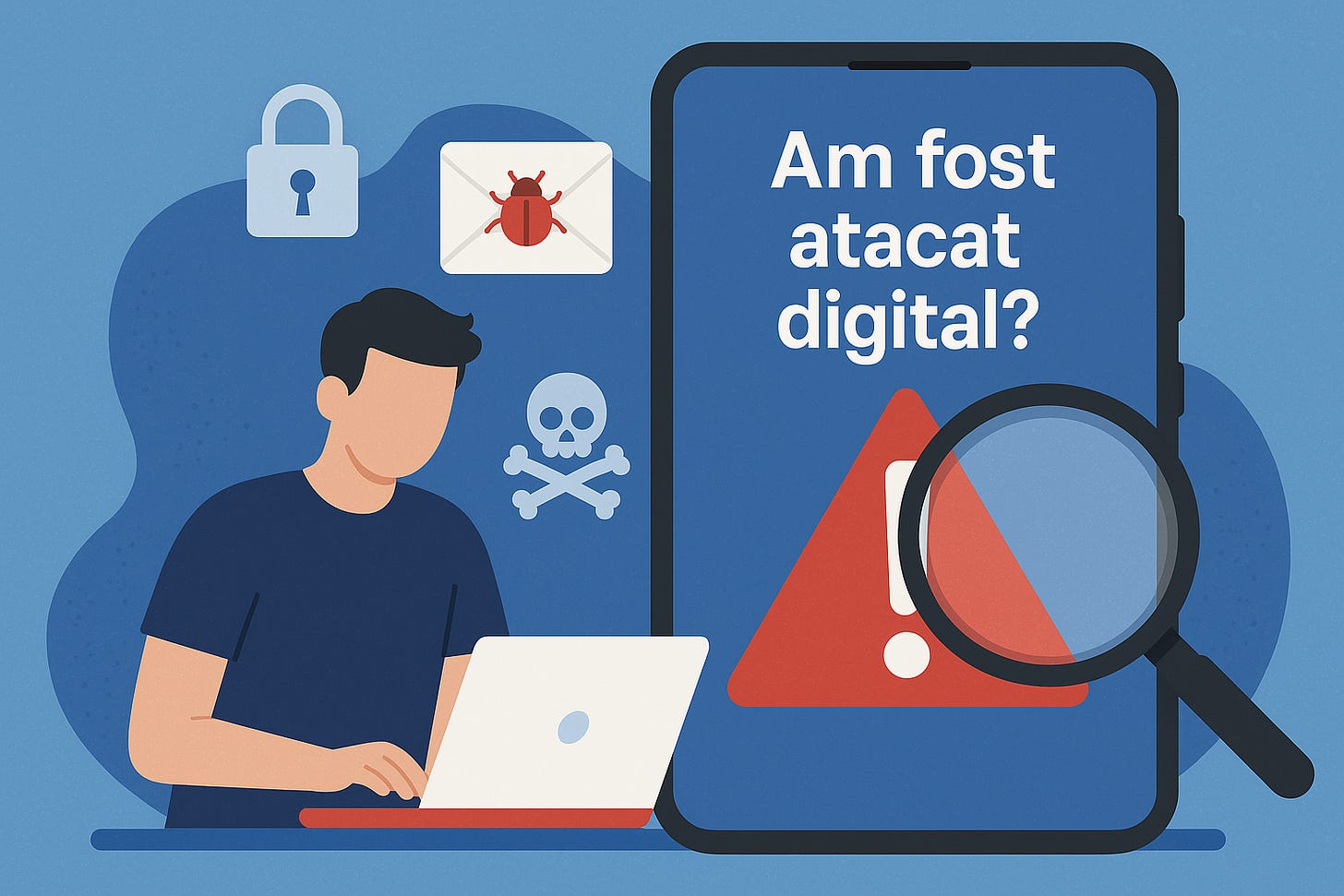 Bărbat îngrijorat care ține un telefon, lângă un monitor cu simbol de avertizare și lacăt roșu, înconjurat de iconuri sugestive pentru atac cibernetic (email cu virus, card bancar, checklist), pe fundal albastru închis cu textul ‘Ce faci imediat după un atac digital’