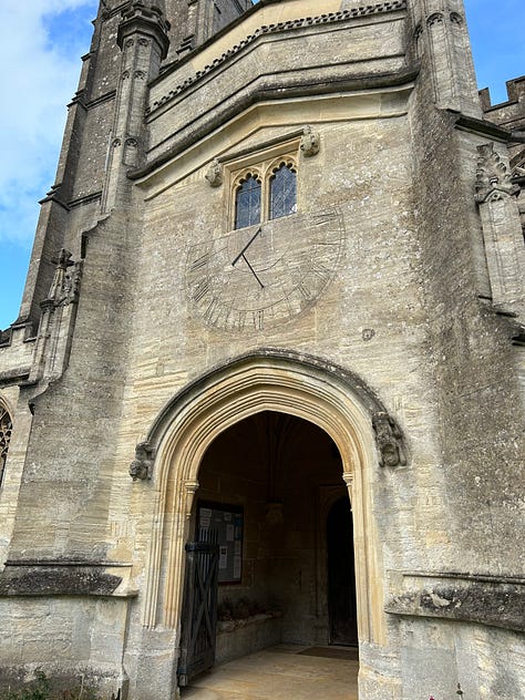 6 photos of the Church of St Mary the Virgin, Steeple Ashton, Wiltshire. In the first photo you can see the bright blue clock face. In the second the sundial over the doorway is clearly visible. Other photos feature the church photographed from Church Lane and a footpath just off the lane. Images: Roland's Travels