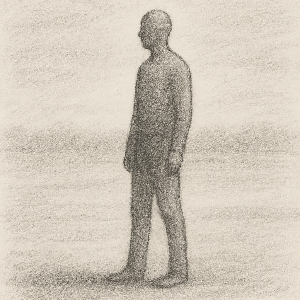 Pencil sketch of a human figure standing in a neutral pose, looking slightly to the side, against an empty background.