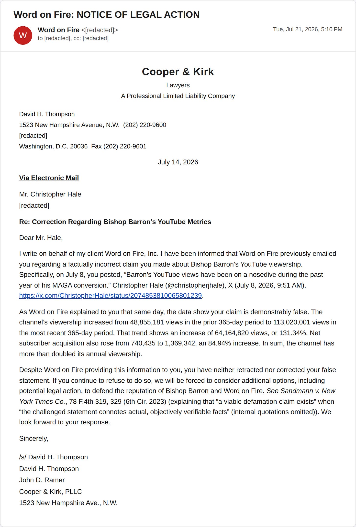 Notice of legal action from Cooper & Kirk on behalf of Word on Fire, addresses redacted Notice of legal action from Cooper & Kirk on behalf of Word on Fire, addresses redacted