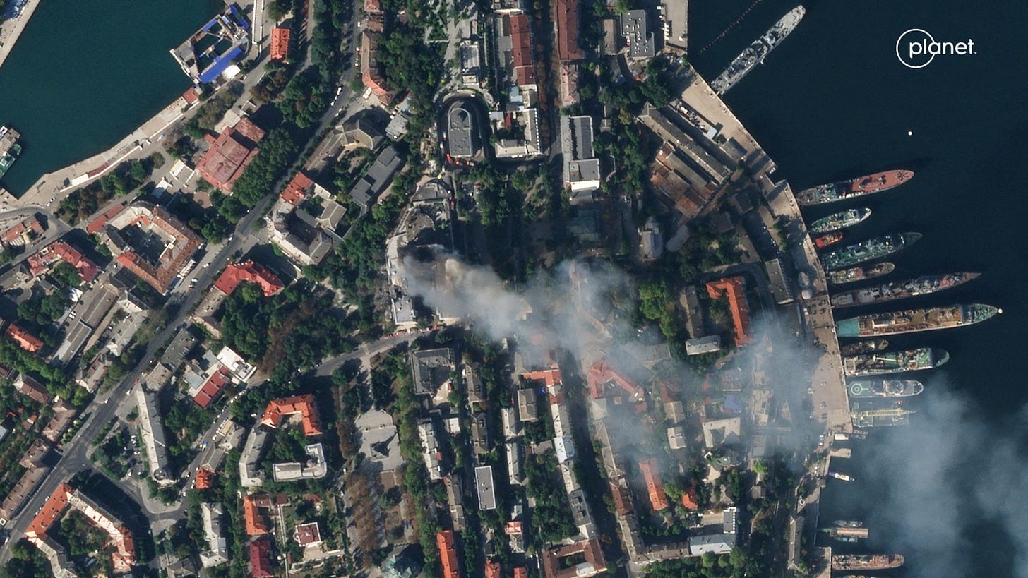 PHOTO: A satellite image shows smoke billowing from a Russian Black Sea Navy HQ after a missile strike, as Russia's invasion of Ukraine continues, in Sevastopol, Crimea, September 22, 2023. PLANET LABS PBC/Handout via REUTERS