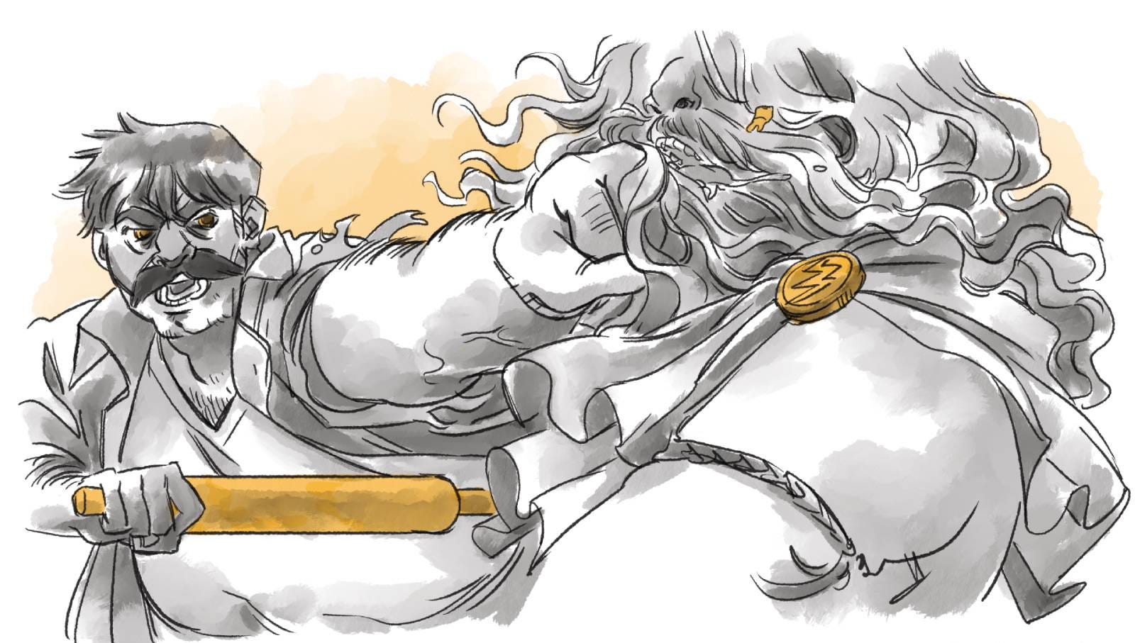 The illustration of a common man punching Zeus in the face The illustration of a common man punching Zeus in the face