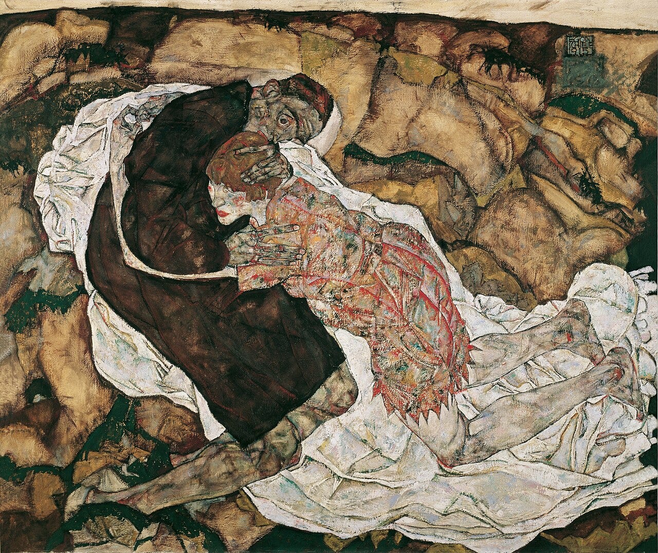 Schiele's Death and the Maiden, two entwined figures on a rumpled sheet Schiele's Death and the Maiden, two entwined figures on a rumpled sheet